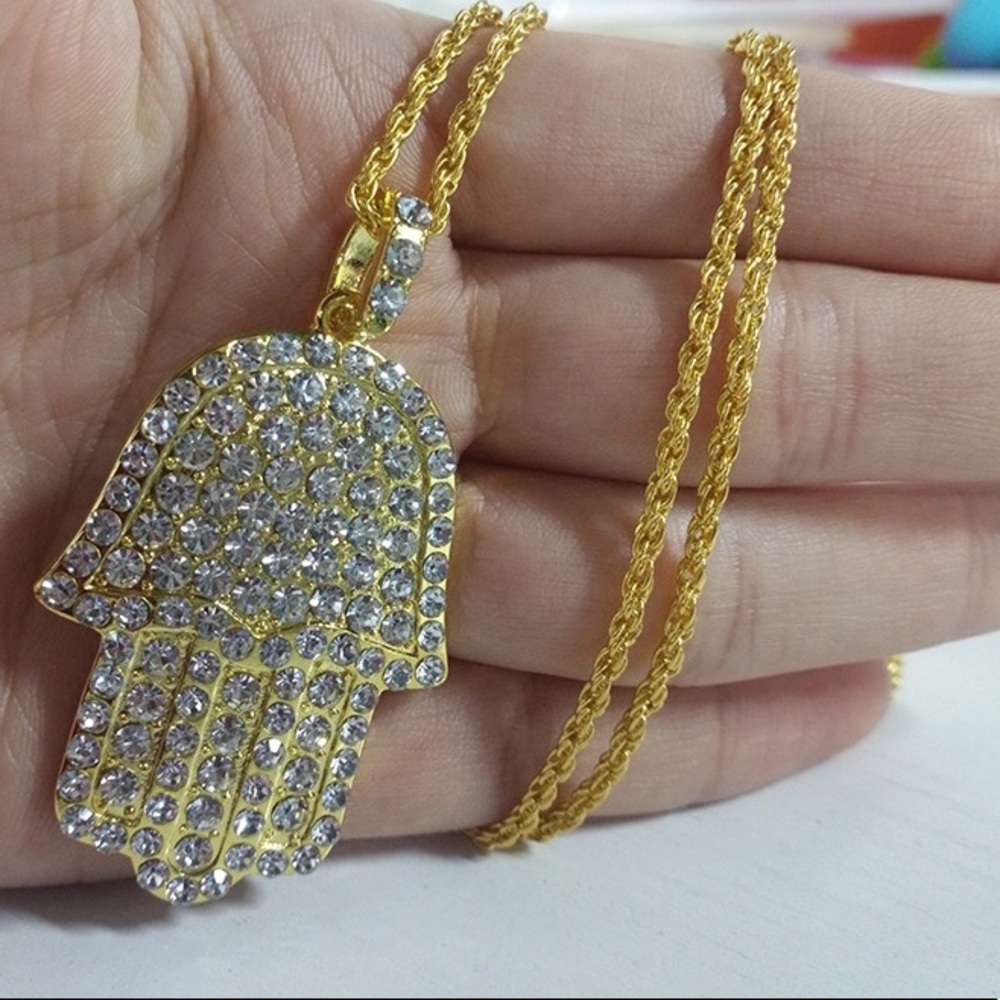 New Gold Hamsa CZ diamond pendant + Rope Chain